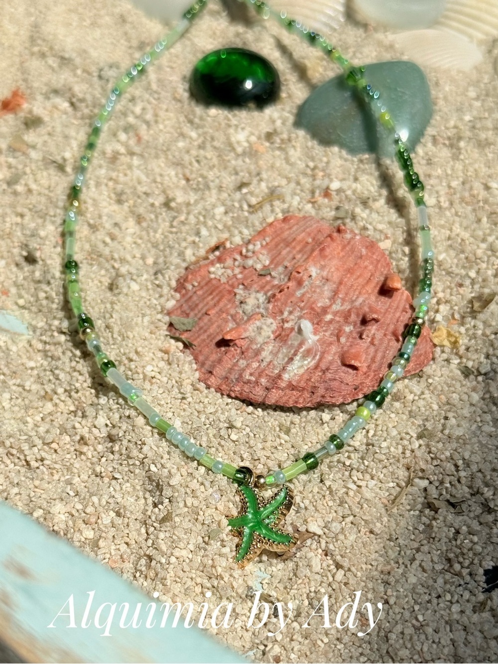 Summer Green Beaded Necklace with Starfish Charm